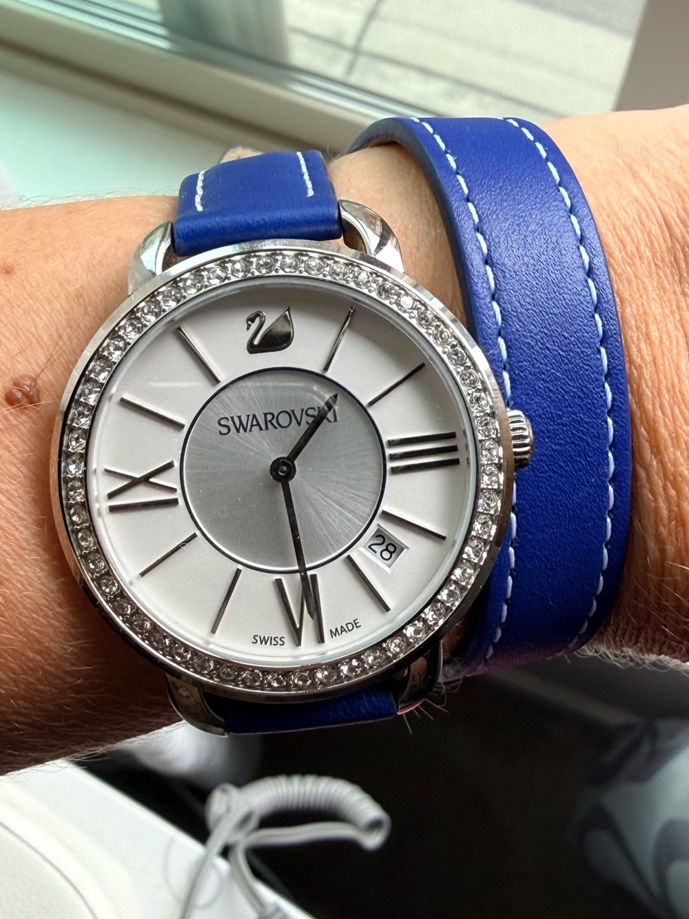 Swarovski Swiss Made Crystal Watch Blue Leather Wrap Strap 5095944